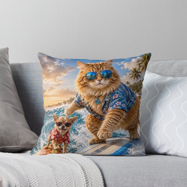 Aperçu de l'œuvre Chat surfeur et chihuahua design de plage tropicale créée et vendue par Extremeallie.