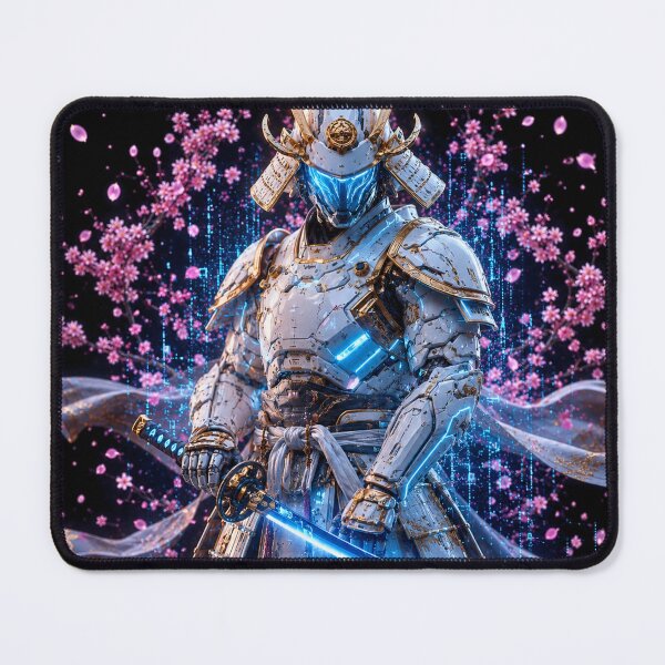 Item preview, Elegant White Cyber Samurai with Gold Armor & Blue Neon Visor | Futuristic Japanese Warrior Art designed and sold by lavanya11.