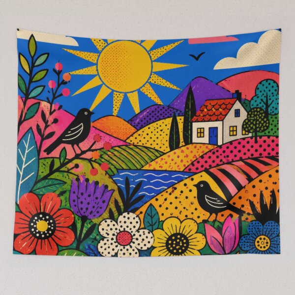 Item preview, Colorful Folk Art Countryside – Whimsical Cottage, Wildflowers & Rolling Hills Illustration designed and sold by Nexus Space.