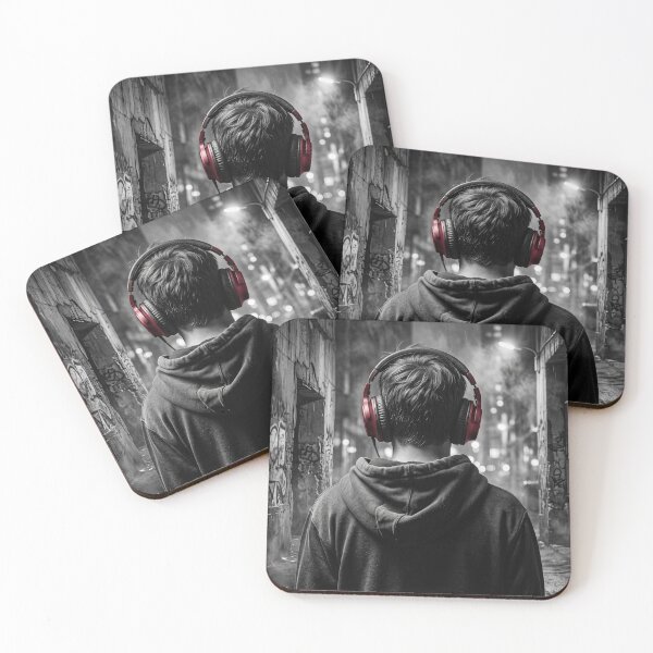Item preview, Atmospheric Urban Night Red Headphones Print designed and sold by MarCinu Art.