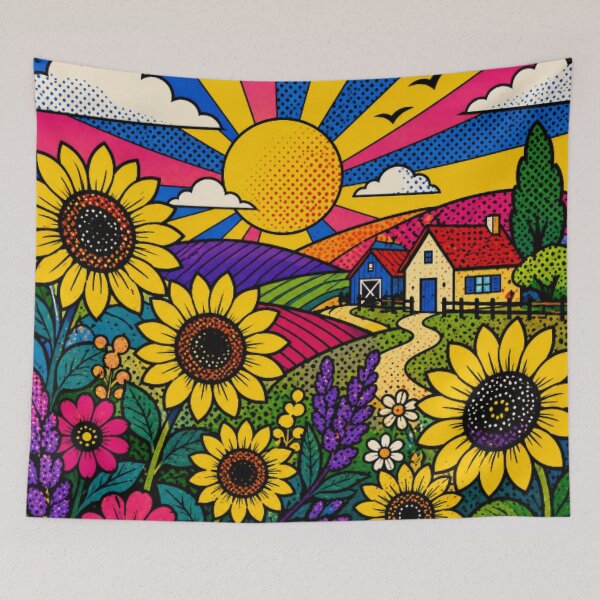 Item preview, Pop Art Sunflower Farm Landscape | Vibrant Colorful Countryside Floral Illustration designed and sold by Nexus Space.