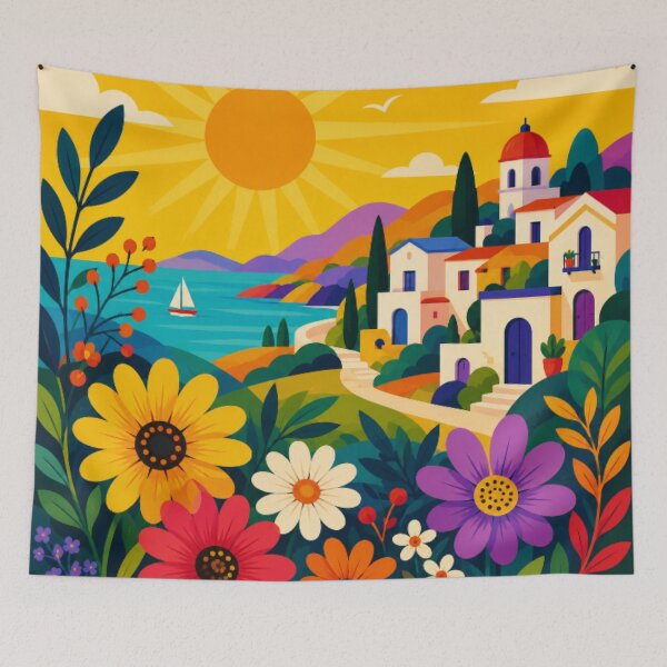 Item preview, Mediterranean Coastal Village | Colorful Seaside Landscape Floral Wall Art designed and sold by Nexus Space.