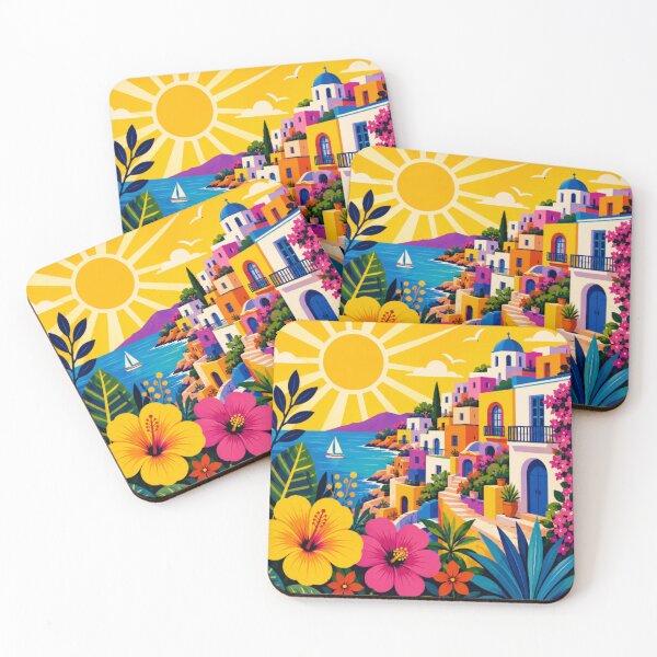 Item preview, Colorful Mediterranean Coastal Village | Vibrant Seaside Floral Folk Art Illustration designed and sold by Nexus Space.