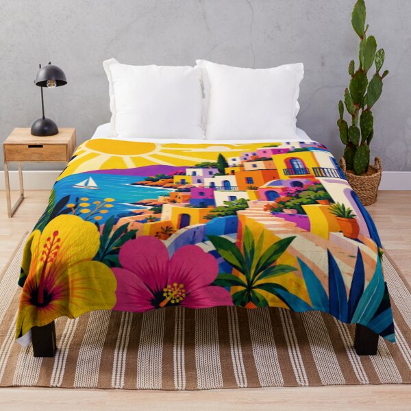 Item preview, Colorful Mediterranean Coastal Village | Vibrant Seaside Floral Folk Art Illustration designed and sold by Nexus Space.