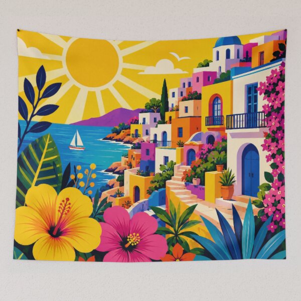 Item preview, Colorful Mediterranean Coastal Village | Vibrant Seaside Floral Folk Art Illustration designed and sold by Nexus Space.
