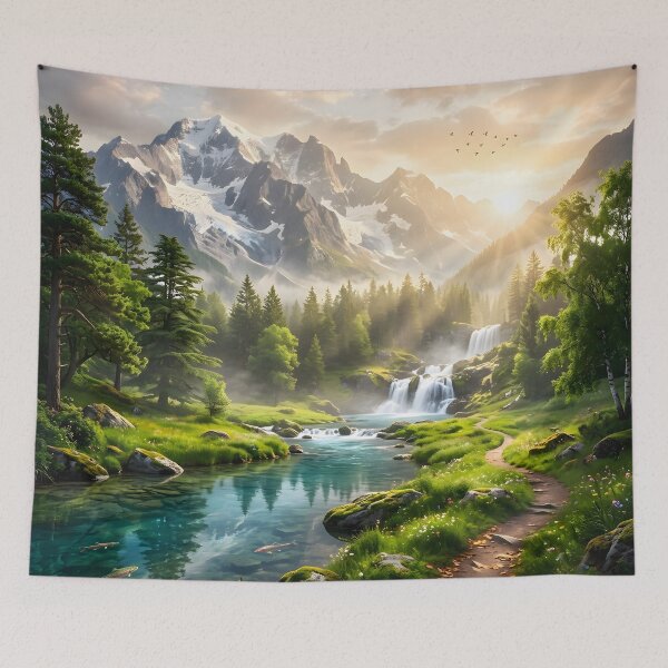 Item preview, Alpine Sunrise River Landscape Artwork designed and sold by hutofdesigns.