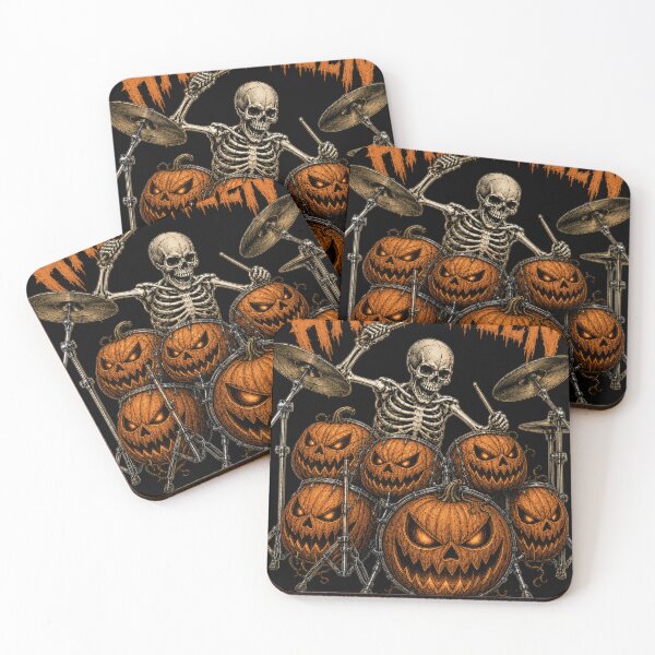 Item preview, Scary Halloween Skeleton Drummer with Evil Pumpkin Drums designed and sold by Nela-&-Lena.