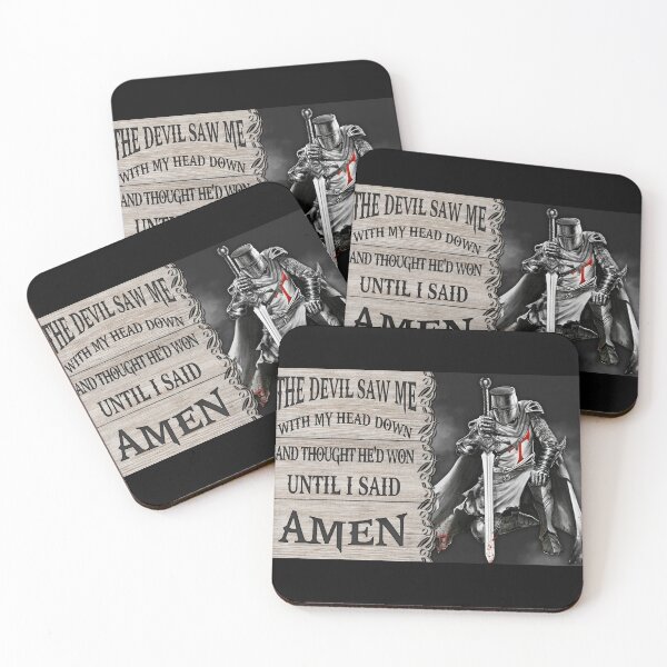 Item preview, The Devil Saw Me With My Head Down Until I Said Amen Knight Christian Poster designed and sold by CanvasFuse.