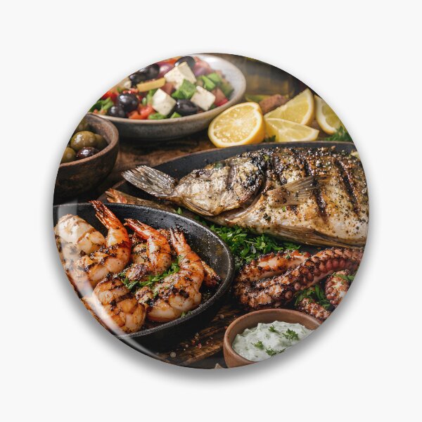 Item preview, Mediterranean seafood and grilled fish on a rustic wooden table designed and sold by Fotografin1981.