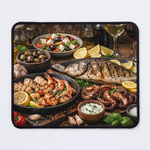 Item preview, Mediterranean seafood and grilled fish on a rustic wooden table designed and sold by Fotografin1981.