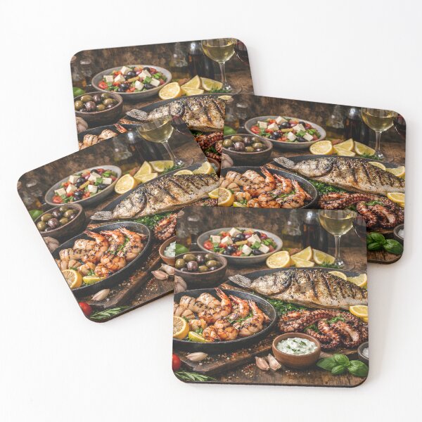 Item preview, Mediterranean seafood and grilled fish on a rustic wooden table designed and sold by Fotografin1981.