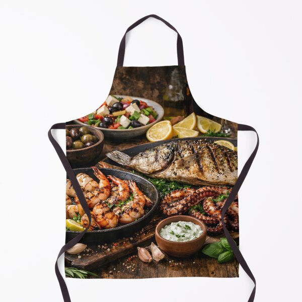 Item preview, Mediterranean seafood and grilled fish on a rustic wooden table designed and sold by Fotografin1981.