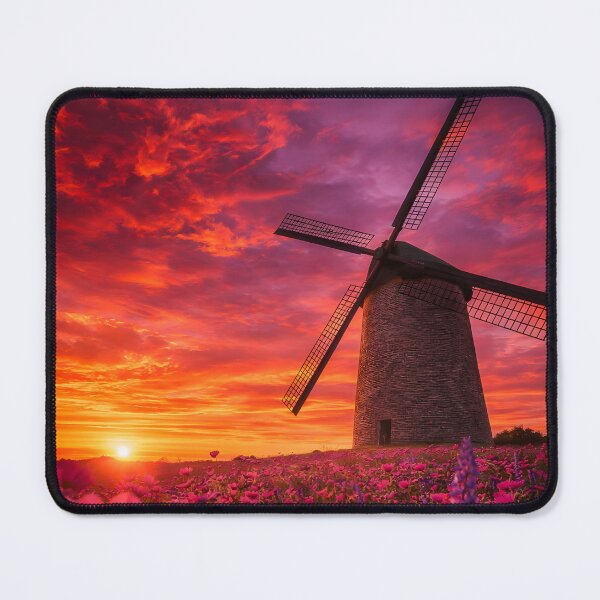 Item preview, Historic windmill in a pink flower field at a fiery sunset designed and sold by Fotografin1981.