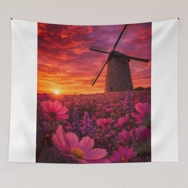 Item preview, Historic windmill in a pink flower field at a fiery sunset designed and sold by Fotografin1981.