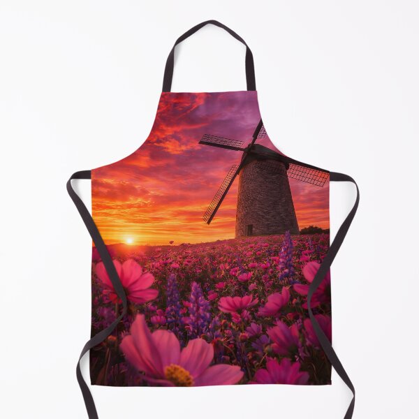 Item preview, Historic windmill in a pink flower field at a fiery sunset designed and sold by Fotografin1981.