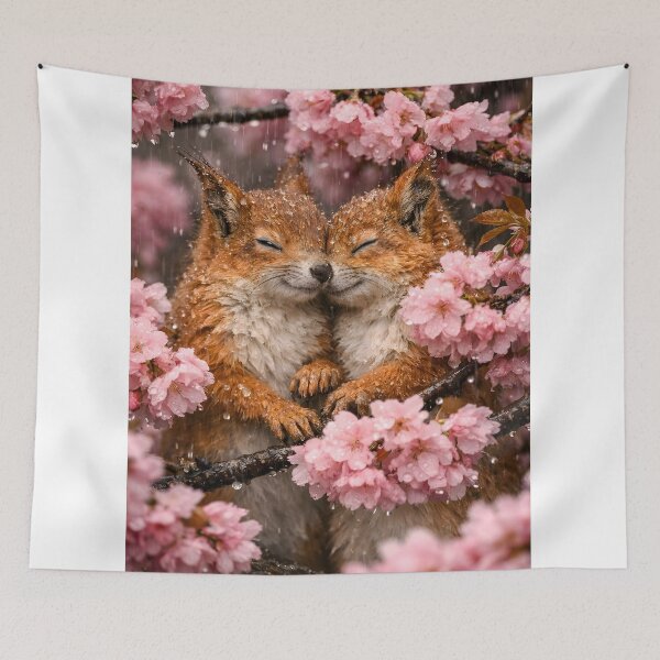 Item preview, Two squirrels cuddling in the rain under pink cherry blossoms designed and sold by Fotografin1981.