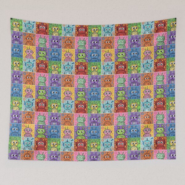Item preview, Colourful Kawaii Retro Robot Grid designed and sold by Teeny Quities.
