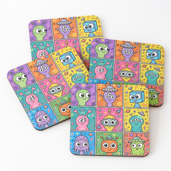 Item preview, Colourful Kawaii Alien and UFO Grid designed and sold by Teeny Quities.