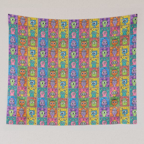 Item preview, Colourful Kawaii Alien and UFO Grid designed and sold by Teeny Quities.