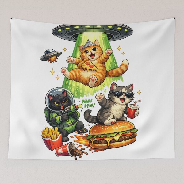 Item preview, Funny Cats Abducted by Pizza UFO designed and sold by 199xstudio.