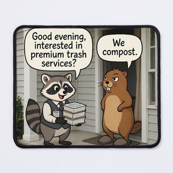 Item preview, Funny Raccoon Door-to-Door Salesman | "We Compost" | Cartoon Animal Comedy designed and sold by AnimalMarvels.