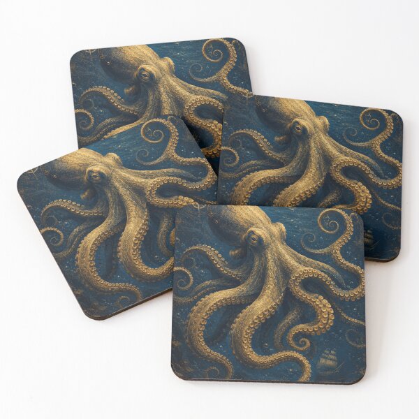 Item preview, Golden Kraken – Vintage Nautical Octopus Art Print – Deep Sea Navy Blue & Gold designed and sold by @SHINTOSARTSTORE.