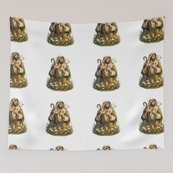 Item preview, Shepherd carrying a lamb through wildflowers designed and sold by DVerse Studio.