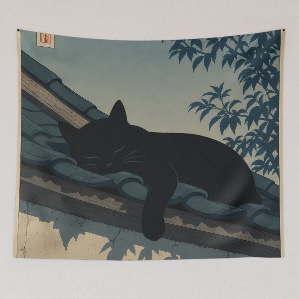 Item preview, Vintage Japanese Ukiyo-e Black Cat Sleeping On Roof designed and sold by PurrfectHome.