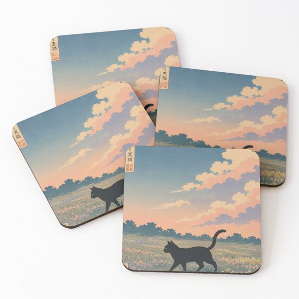 Item preview, Ukiyo-e Vintage Black Cat in Floral Meadow Twilight  designed and sold by PurrfectHome.