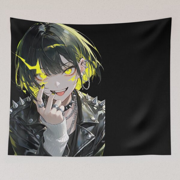 Item preview, Edgy Punk Anime Girl with Electric Yellow Eyes and Spiked Leather Jacket designed and sold by Sergii Davydenko.