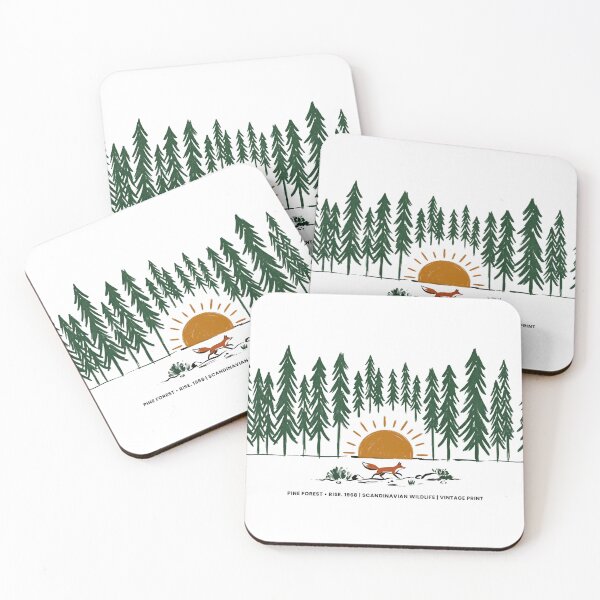 Item preview, Vintage Pine Forest Sunset with Fox | Scandinavian Nature Landscape designed and sold by @SHINTOSARTSTORE.