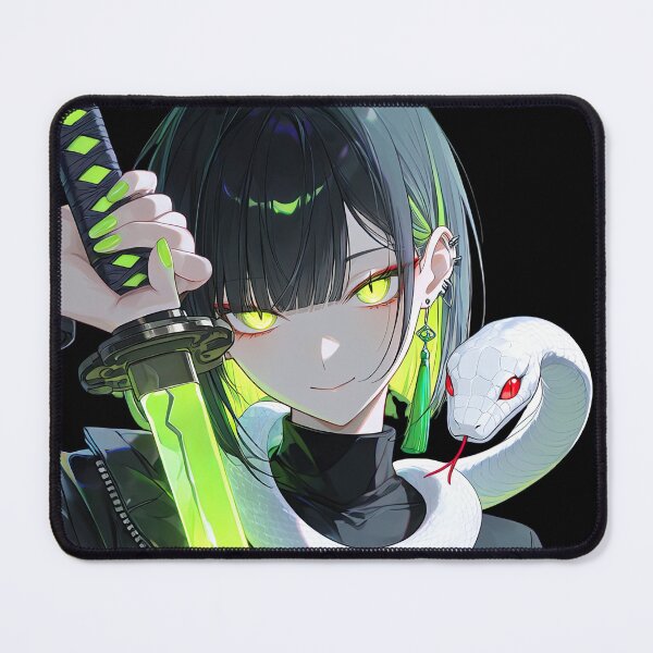 Item preview, Anime Techwear Ninja Girl with Glowing Green Katana and White Serpent designed and sold by Sergii Davydenko.