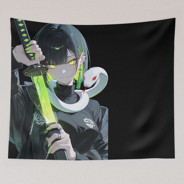 Item preview, Anime Techwear Ninja Girl with Glowing Green Katana and White Serpent designed and sold by Sergii Davydenko.