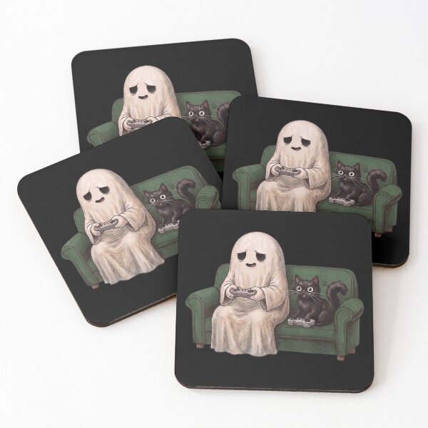 Item preview, Cute Ghost Gamer Playing Video Games With Black Cat Halloween Night designed and sold by ObukiLantara.