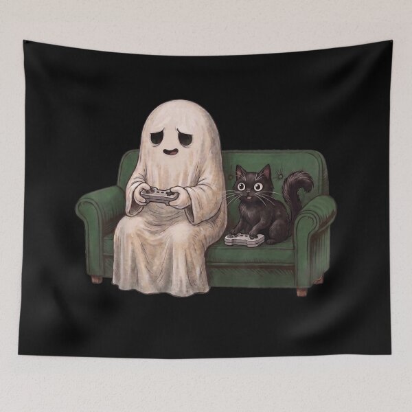 Item preview, Cute Ghost Gamer Playing Video Games With Black Cat Halloween Night designed and sold by ObukiLantara.