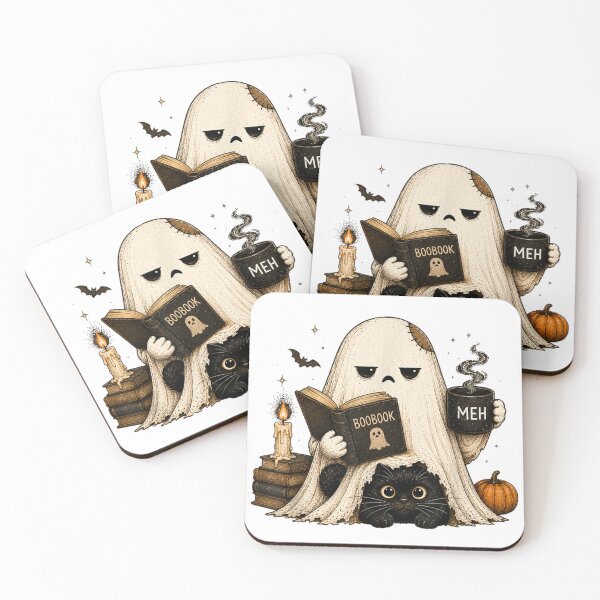 Item preview, Ghost Reading Boobook Drinking Coffee With Black Cat Halloween Cozy designed and sold by PhocoNibict.