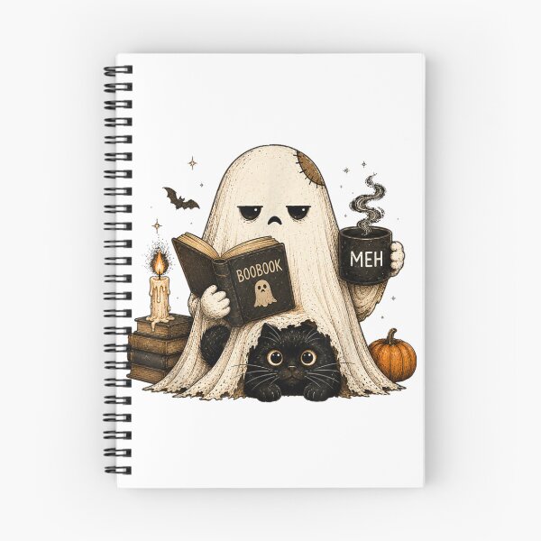 Item preview, Ghost Reading Boobook Drinking Coffee With Black Cat Halloween Cozy designed and sold by PhocoNibict.
