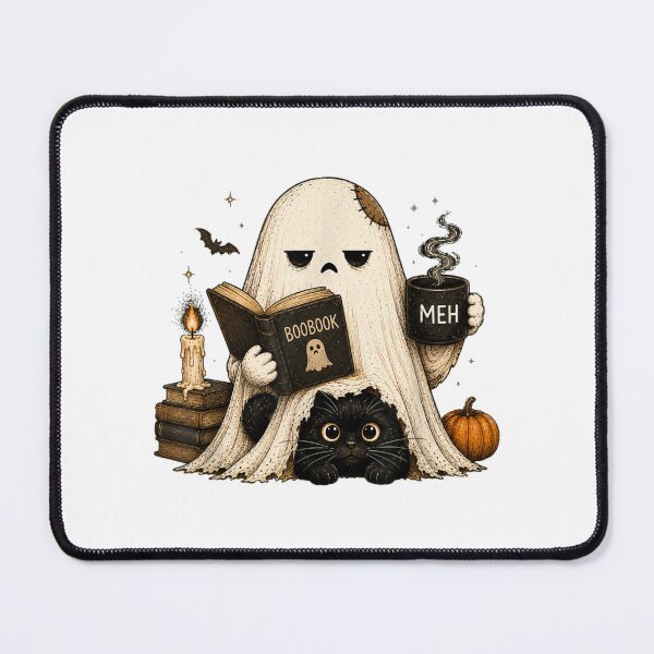 Item preview, Ghost Reading Boobook Drinking Coffee With Black Cat Halloween Cozy designed and sold by PhocoNibict.