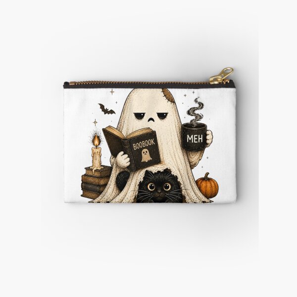 Item preview, Ghost Reading Boobook Drinking Coffee With Black Cat Halloween Cozy designed and sold by PhocoNibict.