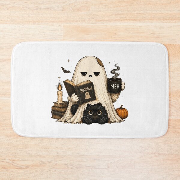 Item preview, Ghost Reading Boobook Drinking Coffee With Black Cat Halloween Cozy designed and sold by PhocoNibict.