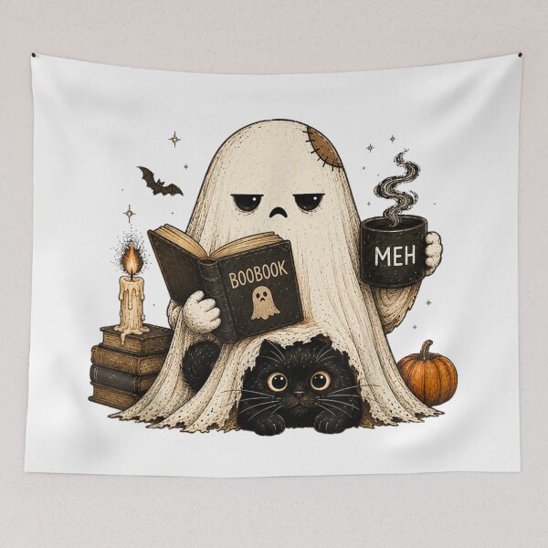 Item preview, Ghost Reading Boobook Drinking Coffee With Black Cat Halloween Cozy designed and sold by PhocoNibict.