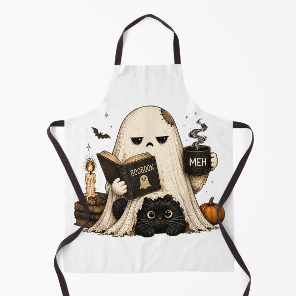 Item preview, Ghost Reading Boobook Drinking Coffee With Black Cat Halloween Cozy designed and sold by PhocoNibict.