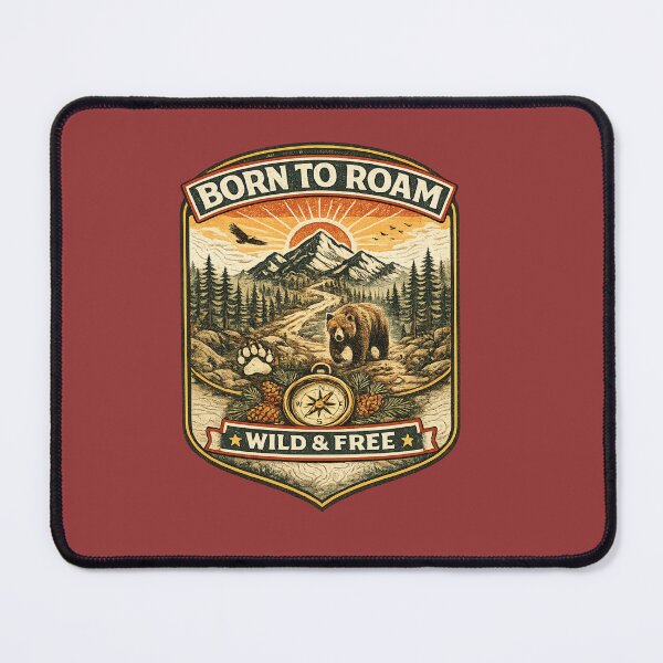 Item preview, Born to Roam Wild and Free Vintage Mountain Bear Adventure Badge designed and sold by Artbysarmina.