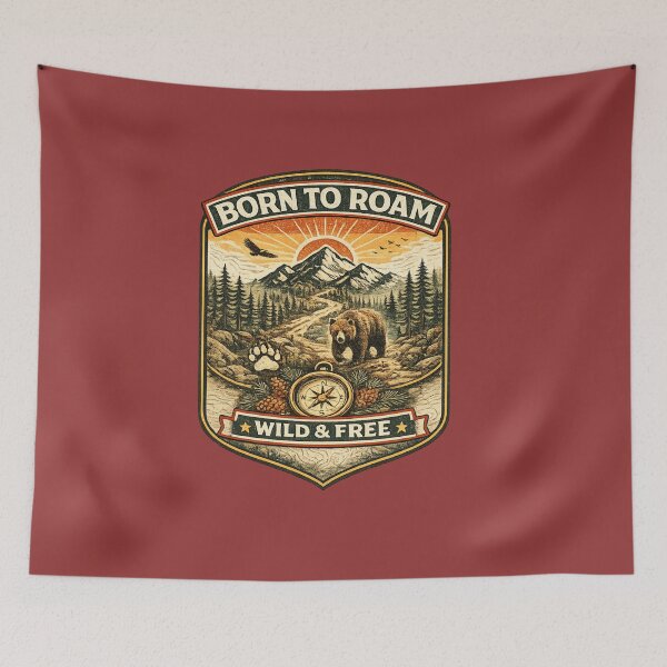 Item preview, Born to Roam Wild and Free Vintage Mountain Bear Adventure Badge designed and sold by Artbysarmina.