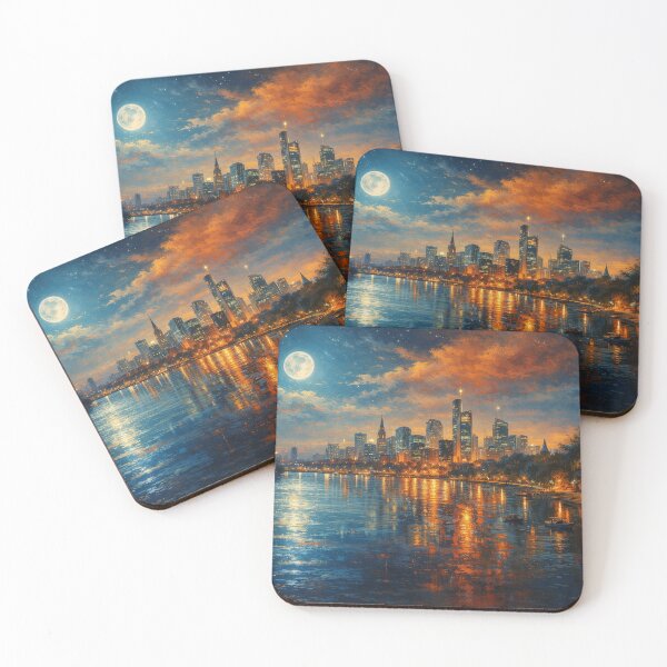 Item preview, Glowing Metropolis Full Moon Over Water Cityscape designed and sold by Joey Santiago.