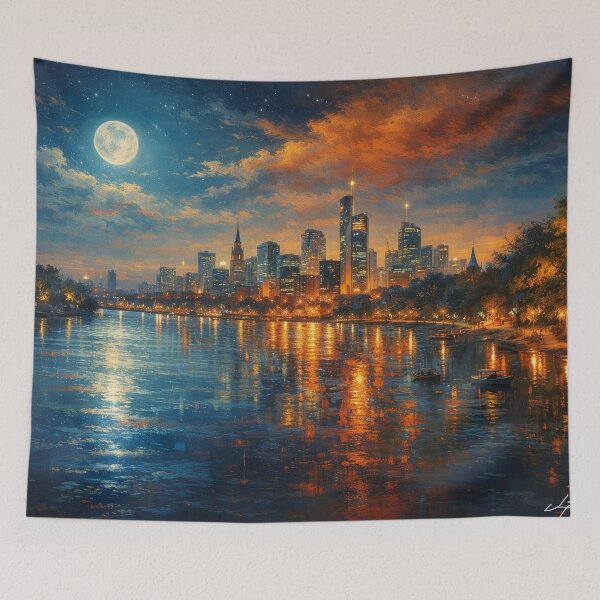 Item preview, Glowing Metropolis Full Moon Over Water Cityscape designed and sold by Joey Santiago.