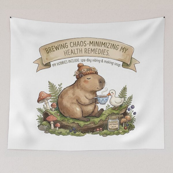 Item preview, Brewing Chaos - Minimizing My Health Remedies - Cute Capybara Cozy Sticker designed and sold by Lu7u.