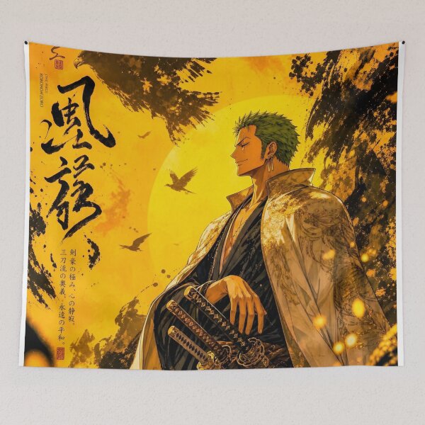 Item preview, Zoro | Golden Three Sword Warrior | Epic Samurai Anime Style Fantasy Art Print designed and sold by Dyan4.