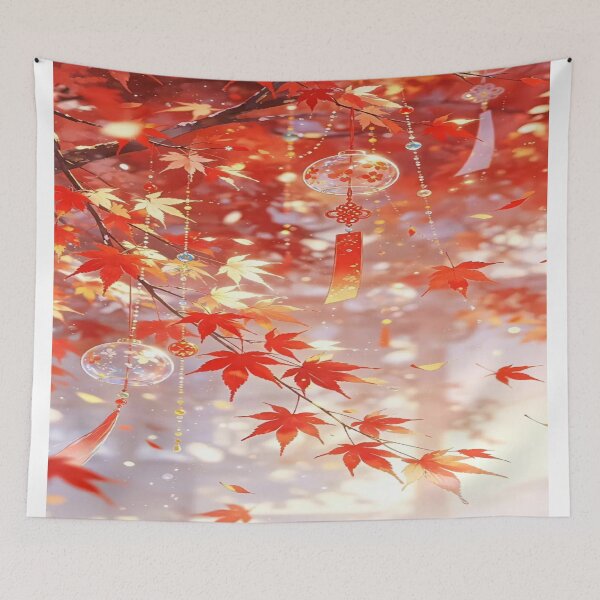 Item preview, The Golden Glow of Eternal Autumn, Autumn Wind Chimes Beneath the Red Maples - Japanese Anime Art with Momiji Leaves designed and sold by RAYBIL.
