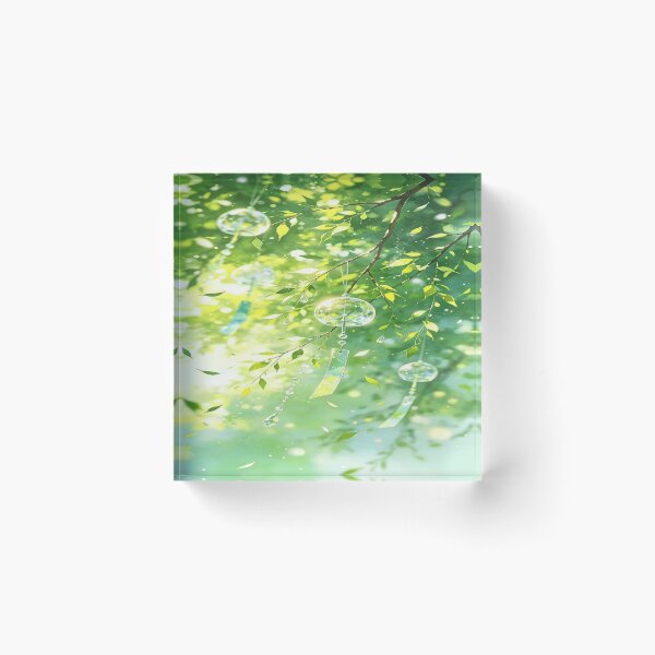 Item preview, The Crystalline Freshness of Eternal Summer, Glass Wind Chimes in the Summer Light - Anime Art with Green Leaves and Hanging Crystals designed and sold by RAYBIL.